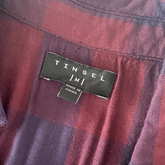 TINSEL Burgundy Purple V Neck Button Front Roll Tab Sleeve Shirt Dress M - Picture 6 of 9